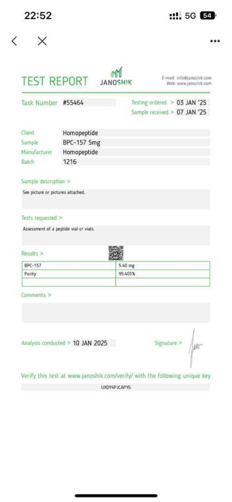 BPC-157 5mg Certificate of Analysis - Batch 1216 - Janoshik - 99.403% purity